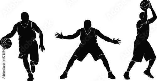 Basketball player silhouette collection featuring dribbling, defending, and shooting poses, athletic sport vector set isolated on white background