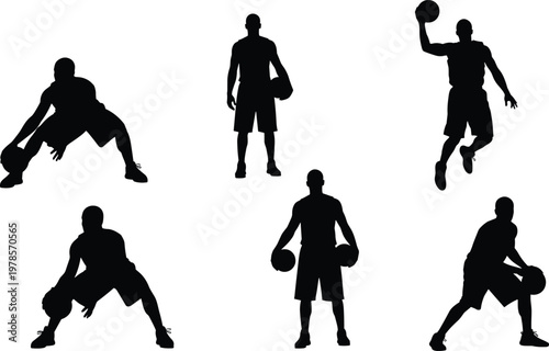 Basketball player silhouette set featuring dribbling, jumping, shooting poses, athletic sport vector collection isolated on white background