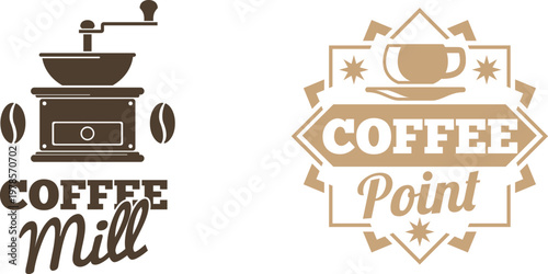 Coffee mill and shop front sign illustrating the coffee roasting process