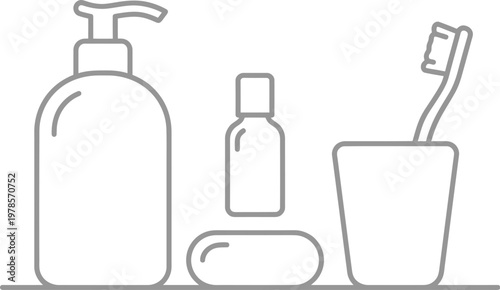 Vector graphic illustration of bathroom toiletries on a shelf including a toothbrush