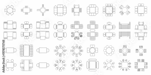 Collection of furniture top down views including tables chairs and sofas