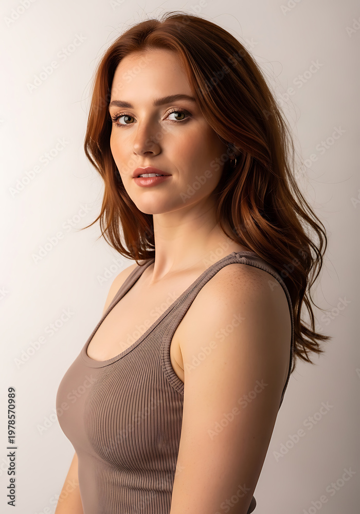Fototapeta premium Young woman with wavy brown hair in sleeveless patterned top posing confidently in soft light
