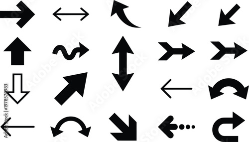 Black arrows on white background in various directions and styles vector graphic design
