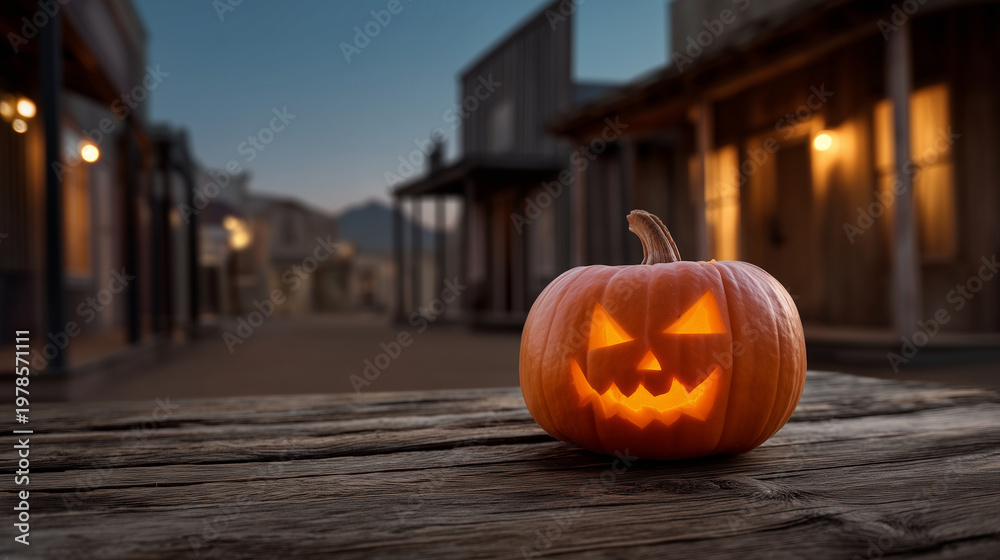 Fototapeta premium Carved glowing pumpkin on wooden street at dusk, Halloween jack o lantern, spooky rustic town background, warm candlelight decoration, eerie autumn evening, festive cinematic seaso