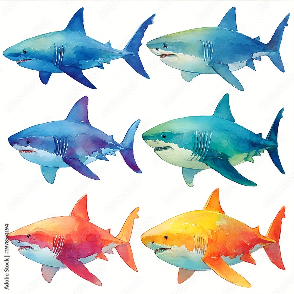 Obraz premium Set of colorful watercolor sharks isolated on white background