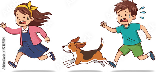 Children Running from Dog for Playful, Scared, and Animal Interaction Illustrations