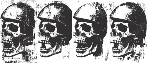 Grunge skulls wearing helmets in vintage style, military death symbol, distressed texture design