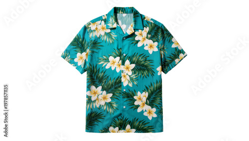Turquoise Hawaiian shirt with white plumeria flowers and green palm leaves, isolated on transparent background