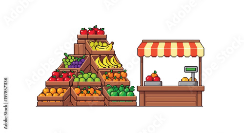 A vibrant vector illustration depicts a local fruit market featuring stacked wooden crates filled with fresh produce and a red-striped checkout stall.