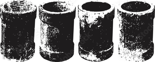 Rustic vintage metal cans collection with worn textured surfaces isolated on white background