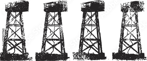 four old wooden watchtowers with metal roofs in black ink sketch vintage