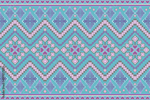 A seamless abstract pattern with vibrant geometric shapes in teal, purple and pink hues on a dark background — ideal for modern textile, wallpaper or digital design.