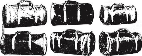 black vintage duffle bag silhouettes with worn texture in various angles and positions
