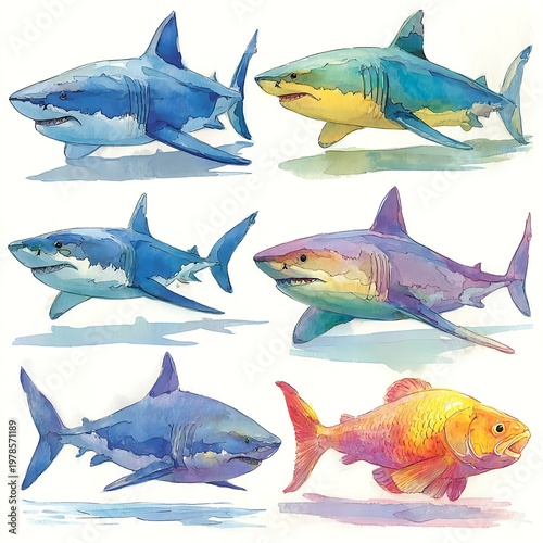 Set of colorful watercolor sharks isolated on white background
