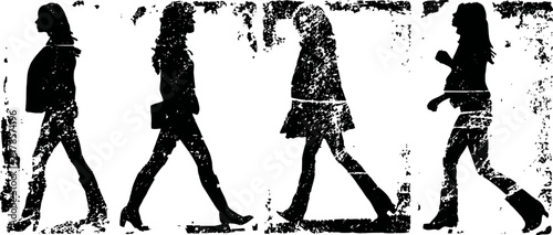 silhouettes of four walking women in high heels female figures in motion, fashion and urban lifestyle concept