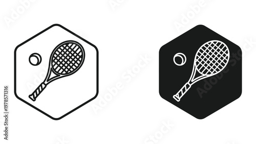 Contrasting tennis racket icons in hexagonal frames with different backgrounds