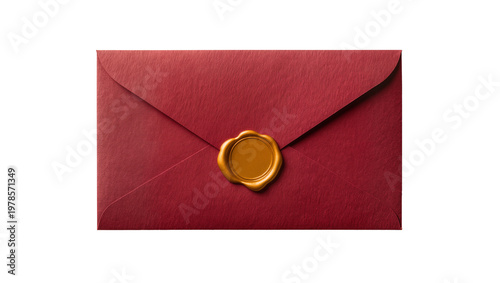 Deep red textured envelope sealed with golden wax, isolated on transparent background