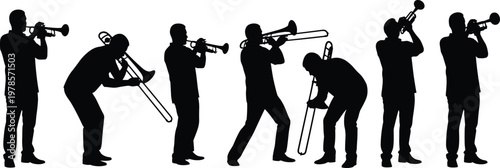 Minimalist black silhouette collection of trumpet and trombone players in dynamic standing poses representing musical performance, jazz band, orchestra, and live concert illustration