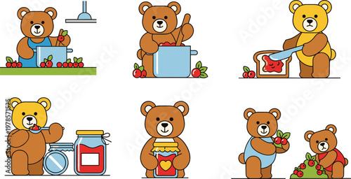 Jam-Making Bear Vector Set Featuring Bears Preparing, Cooking, and Bottling Homemade Jam with Fresh Fruits for Cooking, Animal, and Food Designs