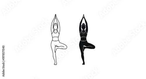 Two women in tree pose one white outline and one black silhouette