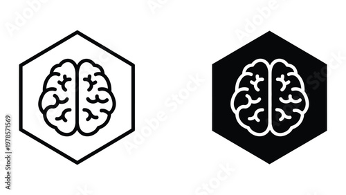 Contrast of brain icons in white and black hexagonal frames
