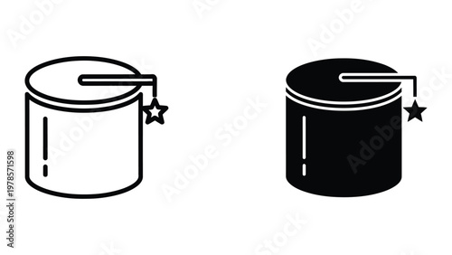 Contrast between a light-colored and dark-colored cylindrical container with handles and stars