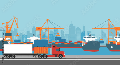 A massive container cargo freight ship docks at the industrial port harbor as a crane facilitates the loading of shipping vessels for global trade and logistics across the sea