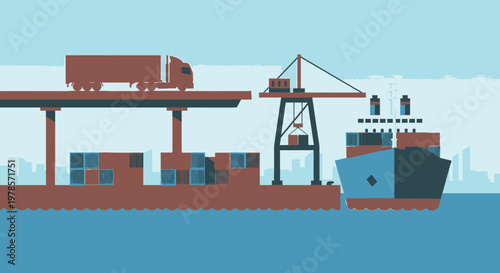 A massive container cargo freight ship docks at the industrial port terminal as a crane handles shipping trade and transport logistics across the blue sea