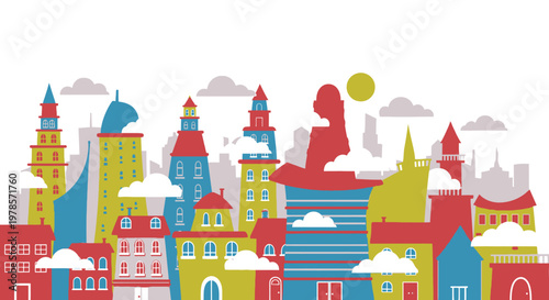 A pink cartoon princess castle with tall fantasy towers and flags stands as a fairytale building design against a blue sky in a magical village