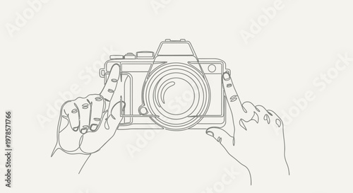 A hand drawn vector illustration of a digital film camera icon featuring a lens and flash design as a black photographic symbol for photography art and equipment
