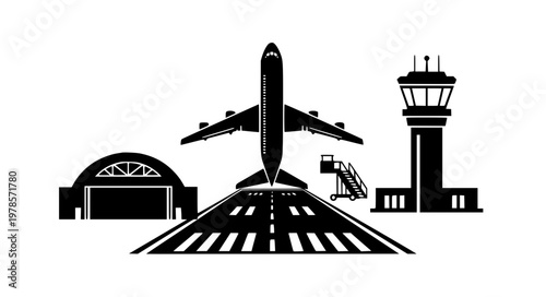 Airport Aviation System Vector with Runway Tower and Hangar Icons