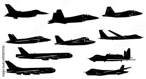 Military Aircraft Vector Set with Fighter Jets Bombers and Drones