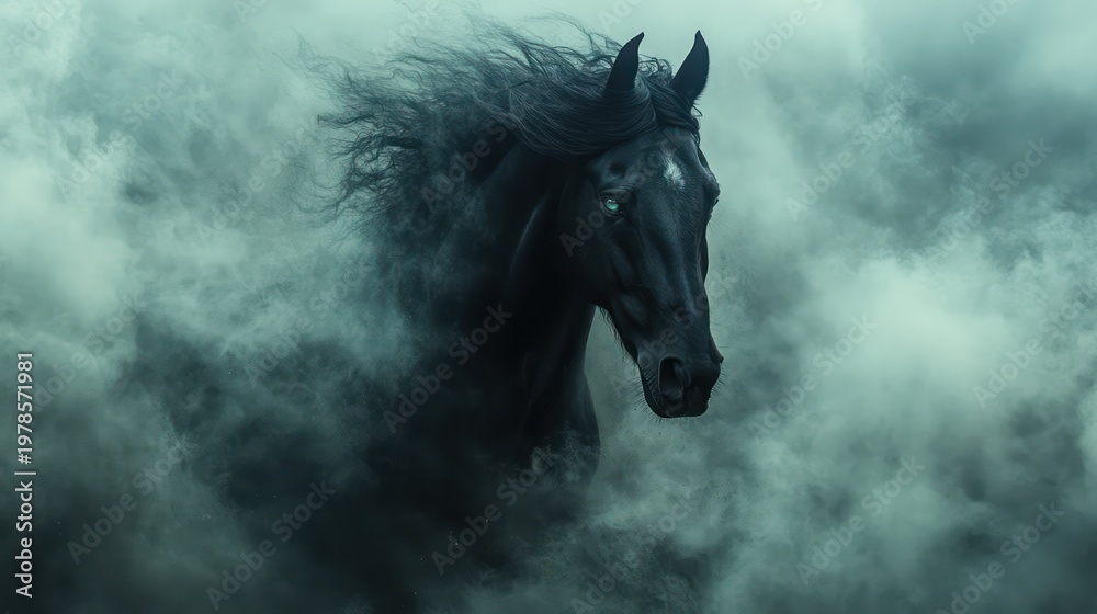 Obraz premium Majestic Black Horse in a Misty Cloud