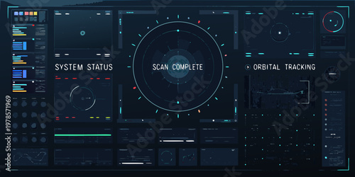 Futuristic system interface displaying scan data and orbital tracking information