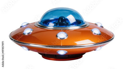 Obraz na plátně Orange metallic flying saucer toy with blue dome and lights, isolated on transpa