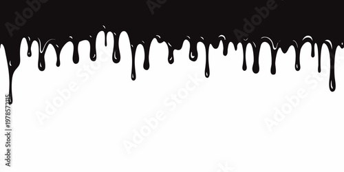 Black liquid drips down from a dark area onto a white background