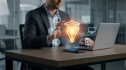 Businessman interacting with digital education and e-learning innovation icons