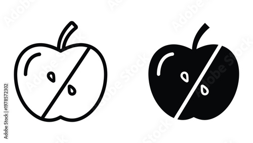 Contrast of a regular apple and a black filled apple with seeds visible