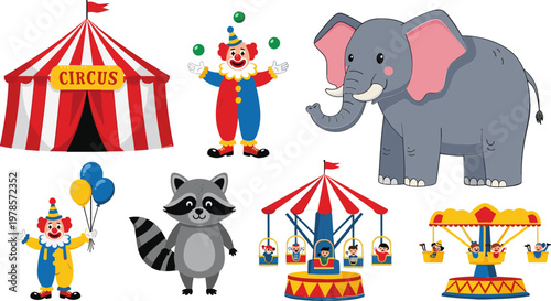Circus Fun with Clowns, Elephant, Rides, and Tent for Kids' Entertainment, Festival, and Family Fun Illustrations