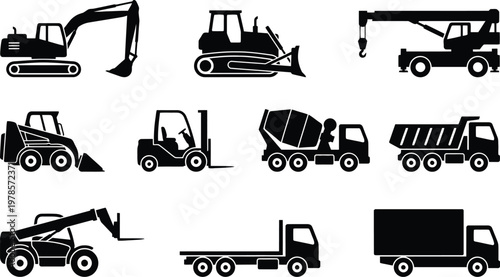 Heavy machinery and trucks vector illustration set for construction and industry use featuring excavators bulldozers cranes and dump trucks