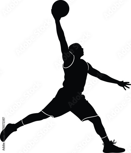Minimalist black silhouette of basketball player performing dynamic dunk or jump shot in mid‑air showcasing athletic motion, sports competition, and fitness training illustration