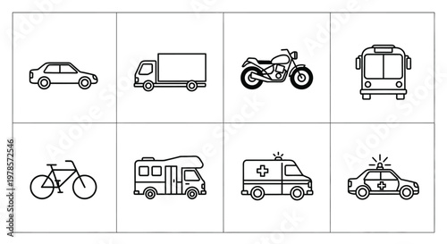 A grid displaying nine simplistic black and white line drawings of various transportation vehicles
