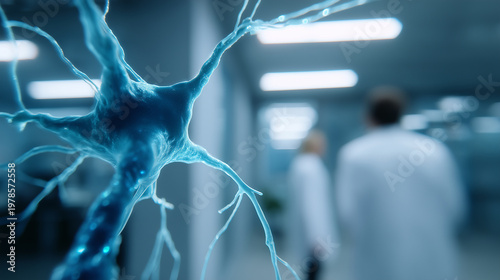 Neuron cell close up with scientists in laboratory, neuroscience research concept, neural network anatomy, medical brain science, biotechnology innovation, microscopic nerve struct