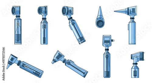 A collection of metallic-blue otoscope medical instruments shown in various orientations to highlight their complex internal components and structure.
