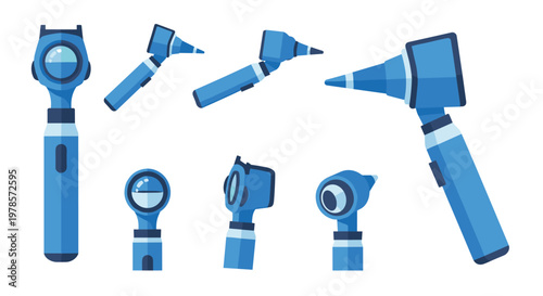 A detailed collection of blue otoscope diagnostic tools presented from multiple angles including front, side, and perspective views on a clean background.