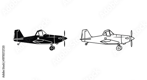 Detailed illustration of a small crop duster airplane black and white silhouette