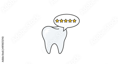 A pristine white molar tooth icon sits beside a speech bubble containing five bright golden stars indicating excellent dental healthcare service quality.