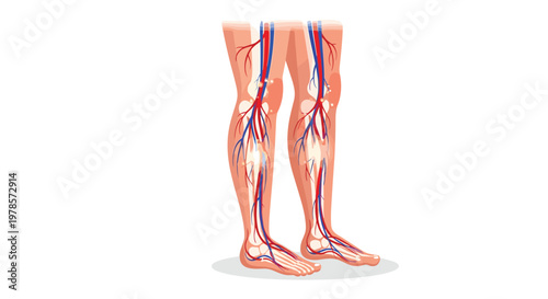 An educational anatomical diagram displays the intricate human leg circulatory system with vibrant red arteries and blue veins against a clean backdrop.