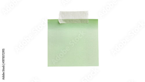 Light green sticky note with paper tape attached, isolated on transparent background