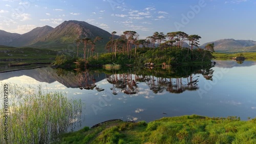 Wallpaper Mural Aerial shot of Pine Island reflecting on Derryclare Lough in Connemara, Ireland. Mountains surround Pine Island and the lake in Ireland Torontodigital.ca